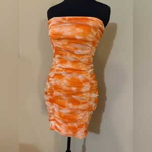 superdown Orange & White Strapless Ruched Mini Dress
